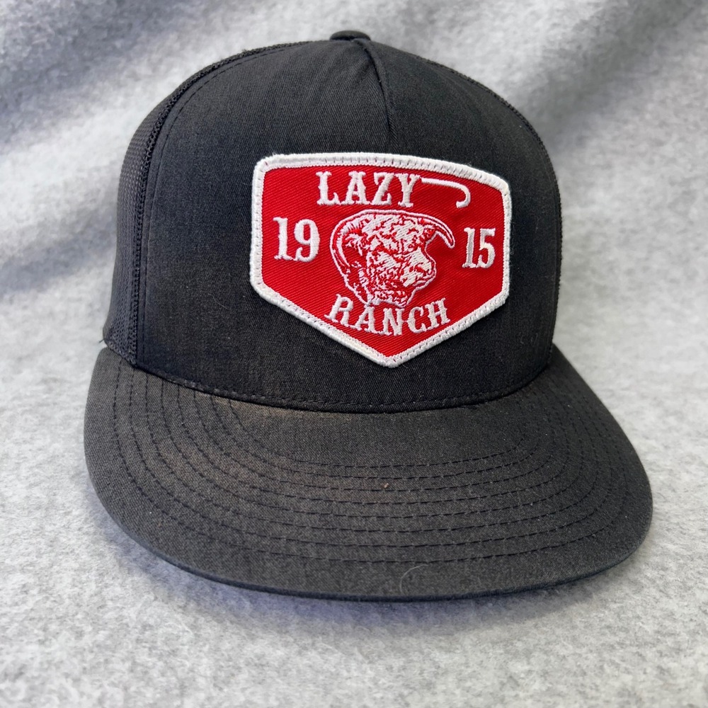 Lazy Ranch 1915 Mens Black Yupoong Trucker Hat Snapback Mesh Flat Brim OSFA